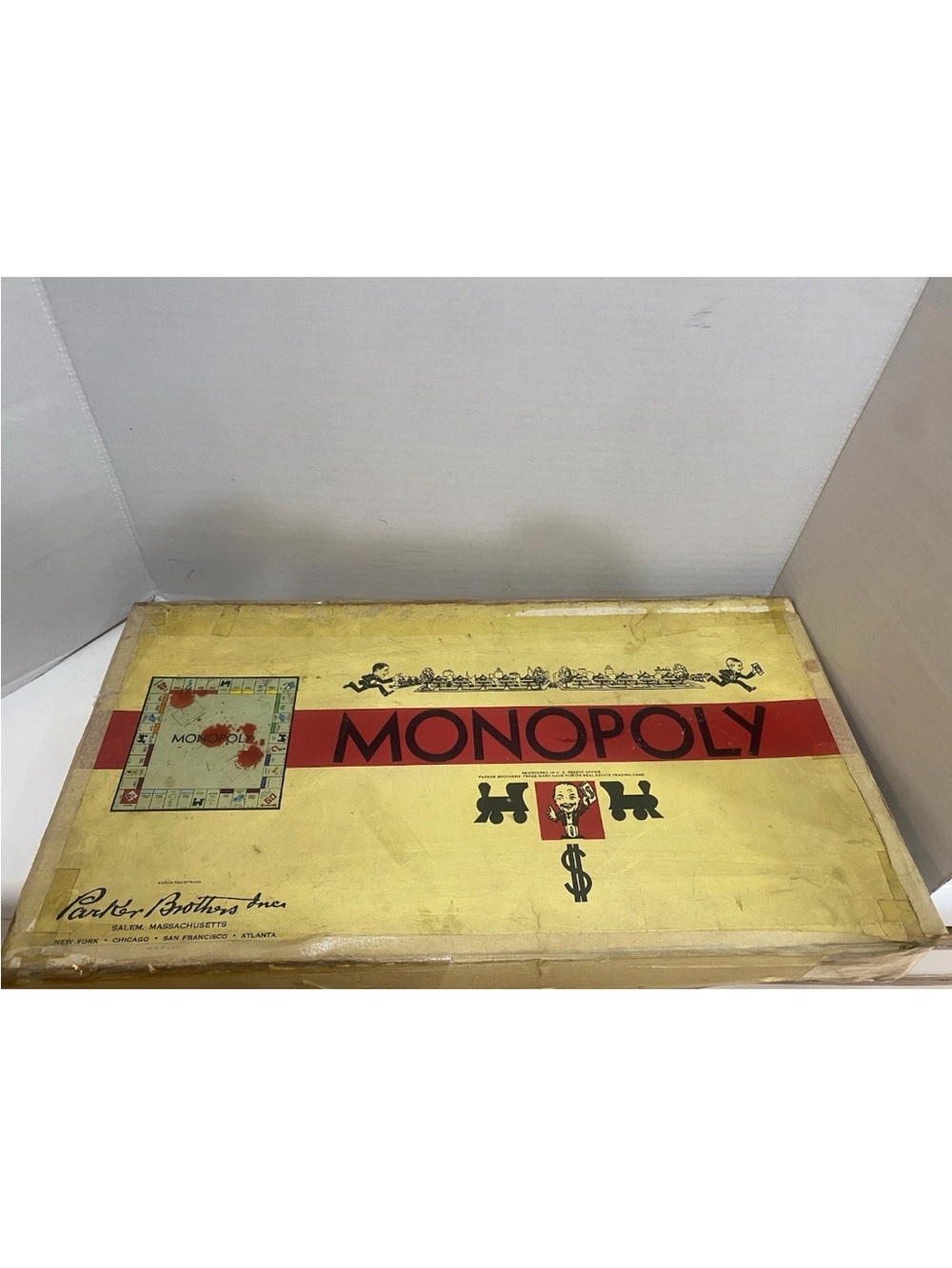 Vintage Monopoly Board Game Box Parker Brothers 1940s 1950s Yellow Box Long Edit